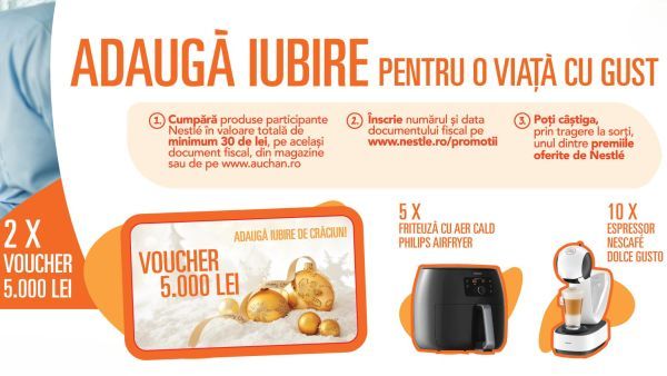 Câștigă 2 vouchere Auchan în valoare de 5.000 lei fiecare