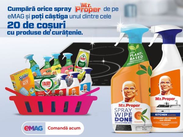 Câștigă 20 de coșuri cu produse de curățenie pentru toată casa