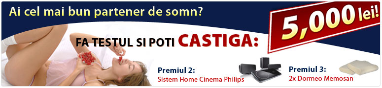 Castiga 5.000 de lei, un sistem Home Cinema Philips si 2 	perne Dormeo Memosan